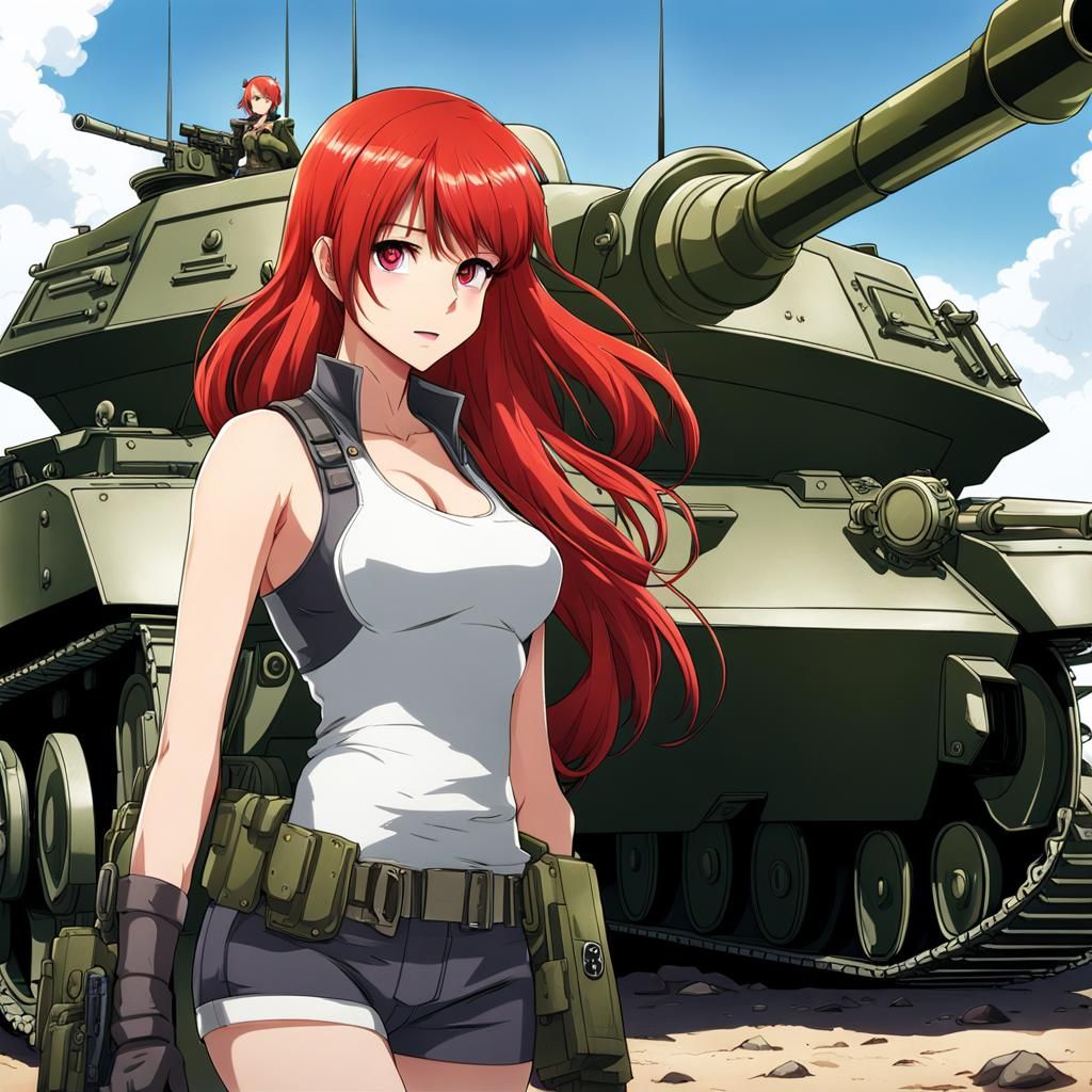 Red-Haired Woman and Silver War Tank, Anime Style