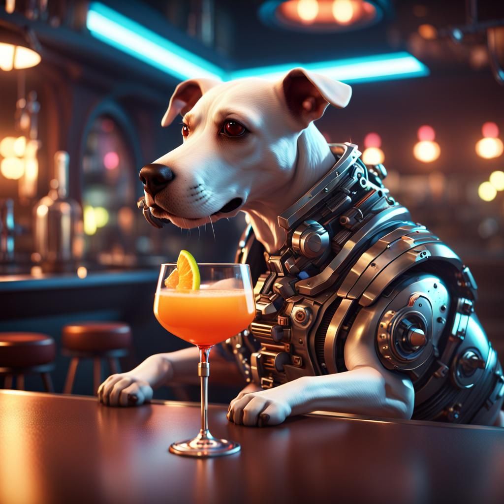 Dog Drinking Cocktail in Futuristic Bar