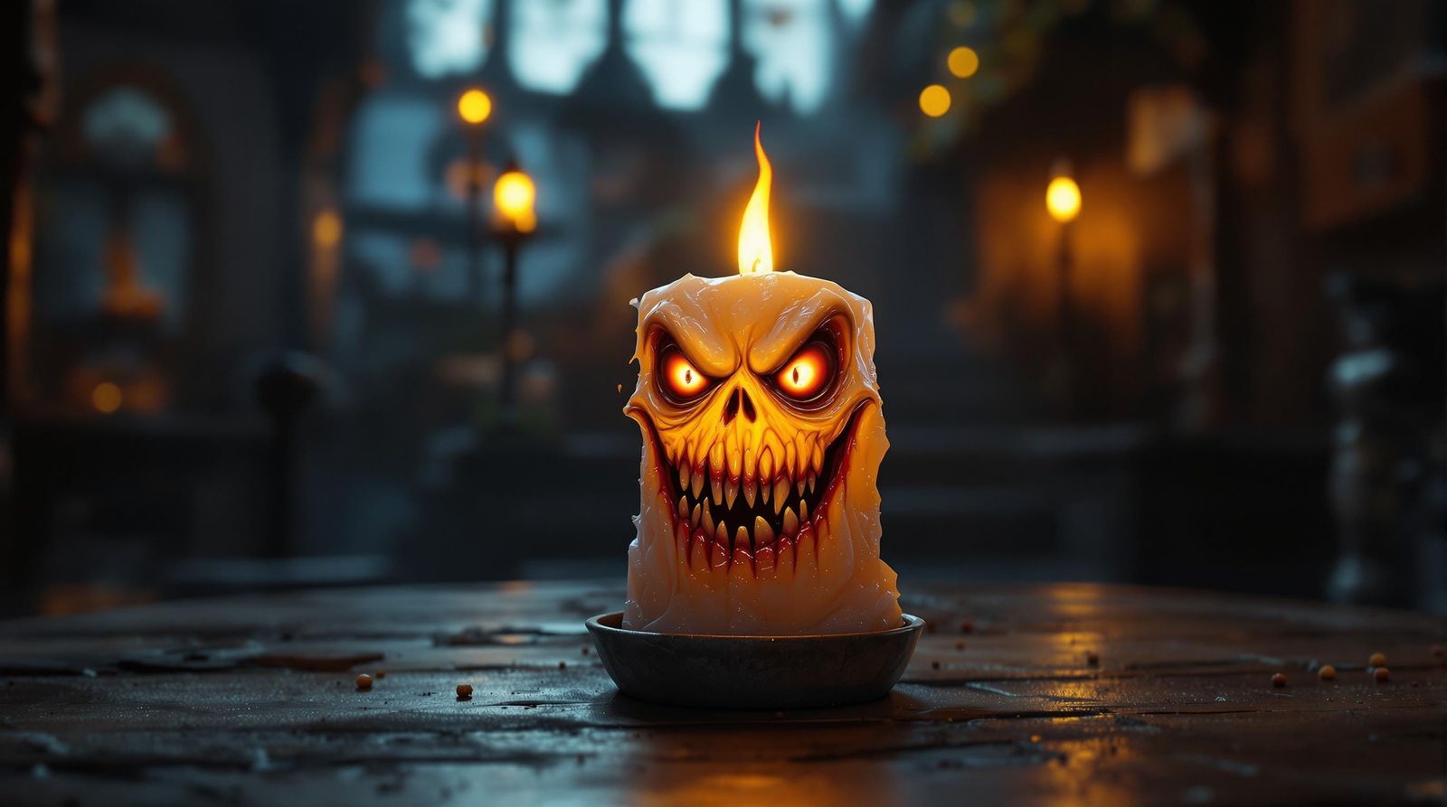 Surreal Candle Monster Sits in Haunted House Scene