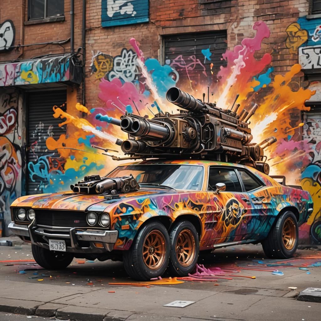 Gatling Gun Car in Graffiti Splash Art Style