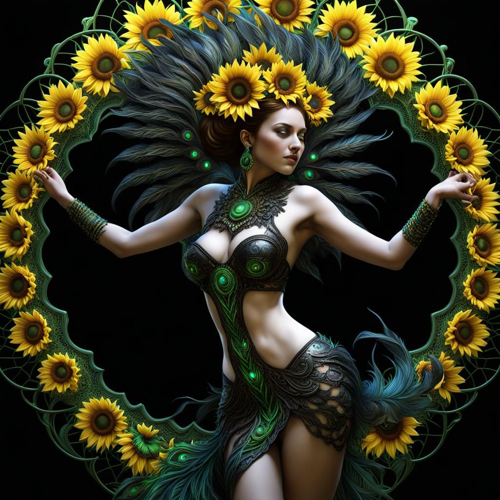 Underwater Cyborg Girl with Peacock Feathers