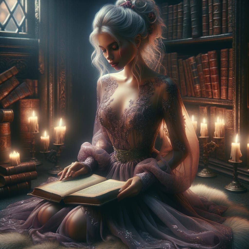 Norse Goddess of Wisdom Reading in Candlelit Library