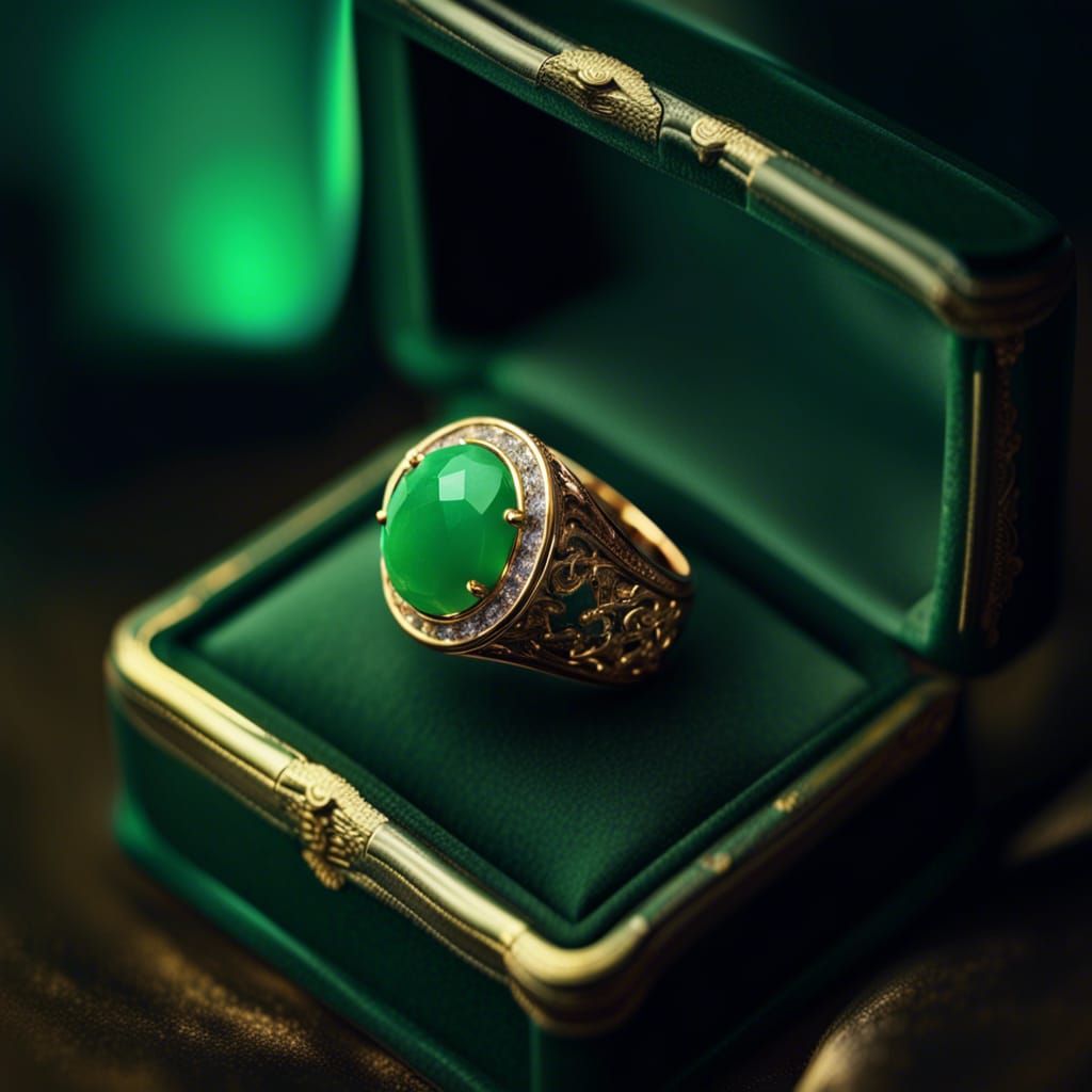 modern expensive Jade ring in a decorative ring box, Epic cinematic brilliant stunning intricate meticulously detailed ...