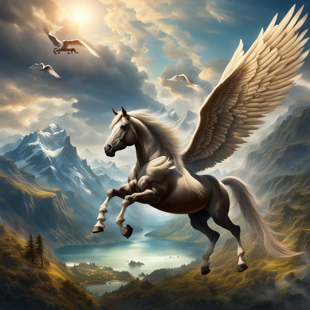 Winged Horse Flying Above Mountain Lake: Digital Painting