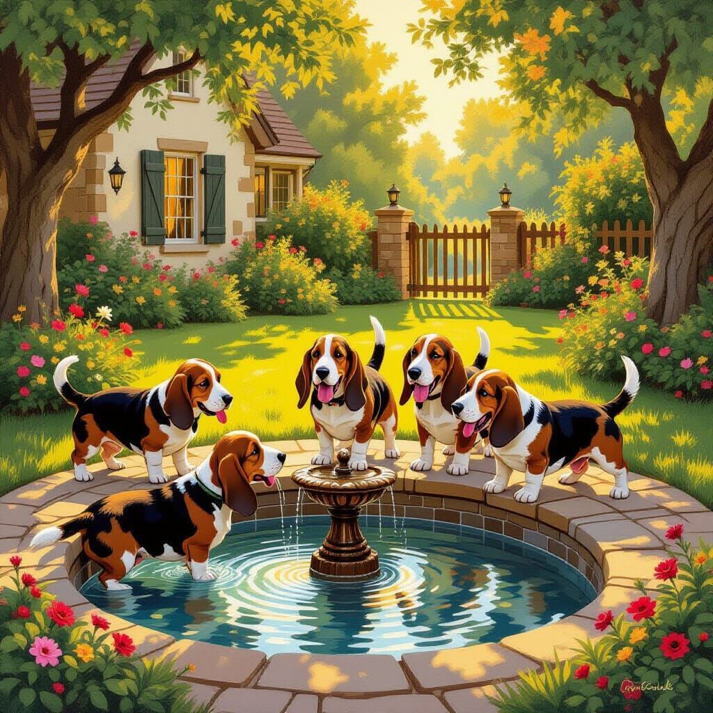 Five Basset Hounds Enjoying a Golden Hour in a Lush Yard