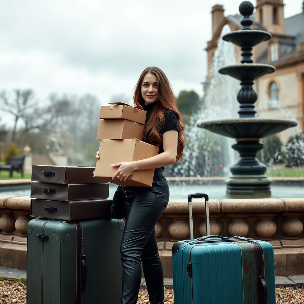 Woman with Luggage Arrives at English Manor