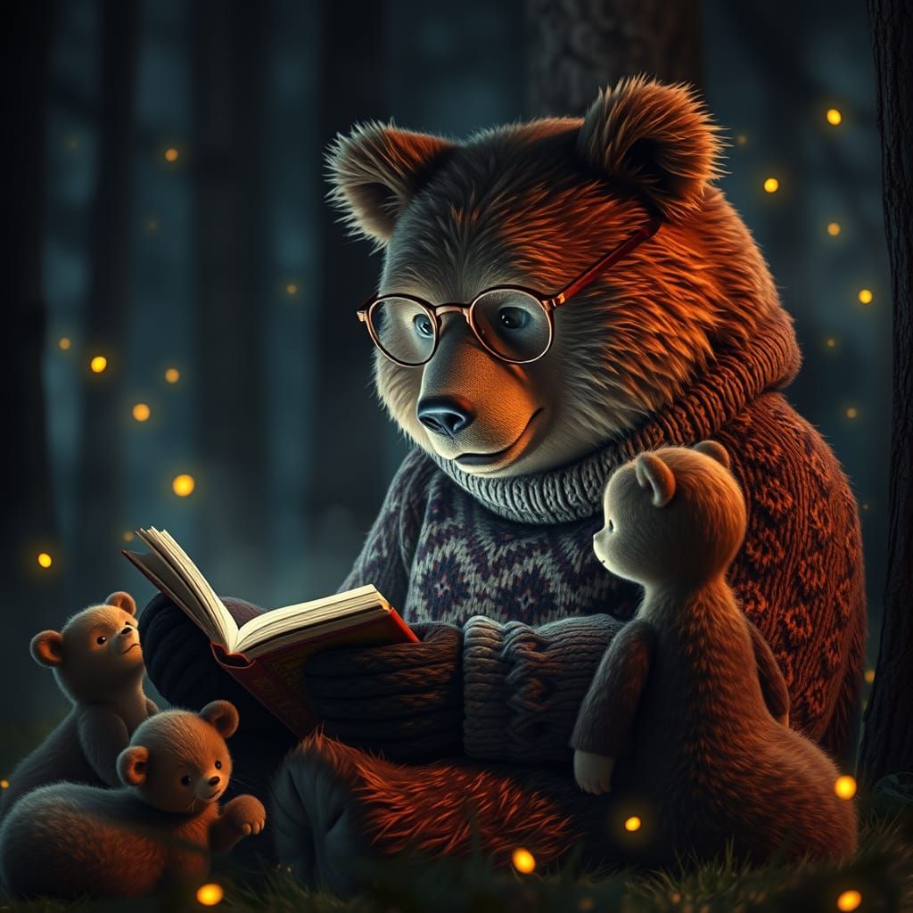Bear Reading to Cousins in Hyperrealistic Style