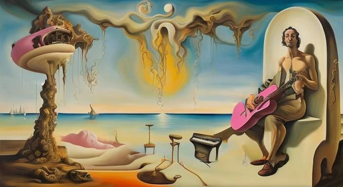 Man in pink sunglasses plays guitar on a cloud, surrealism Salvador Dali matte background melting oil on canvas