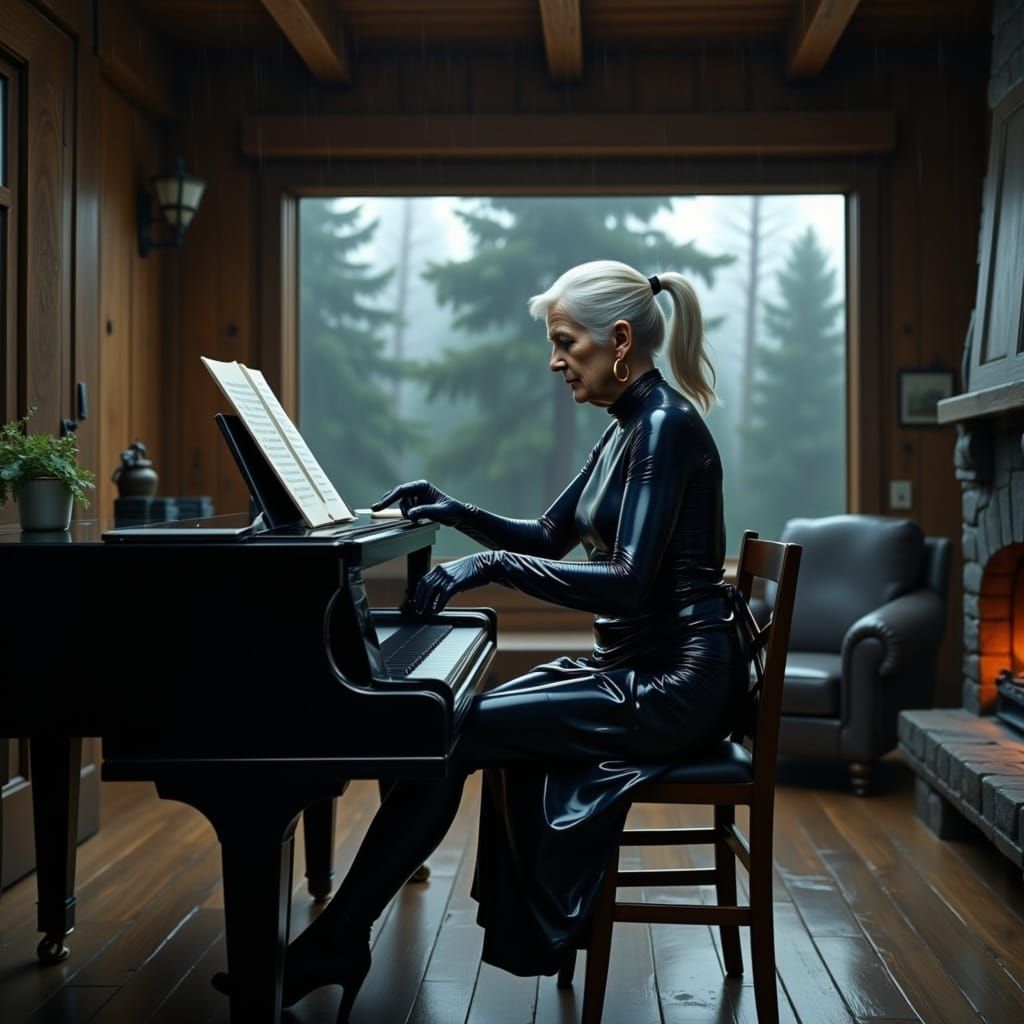 Elderly Pianist in PVC Catsuit Plays by Fireplace