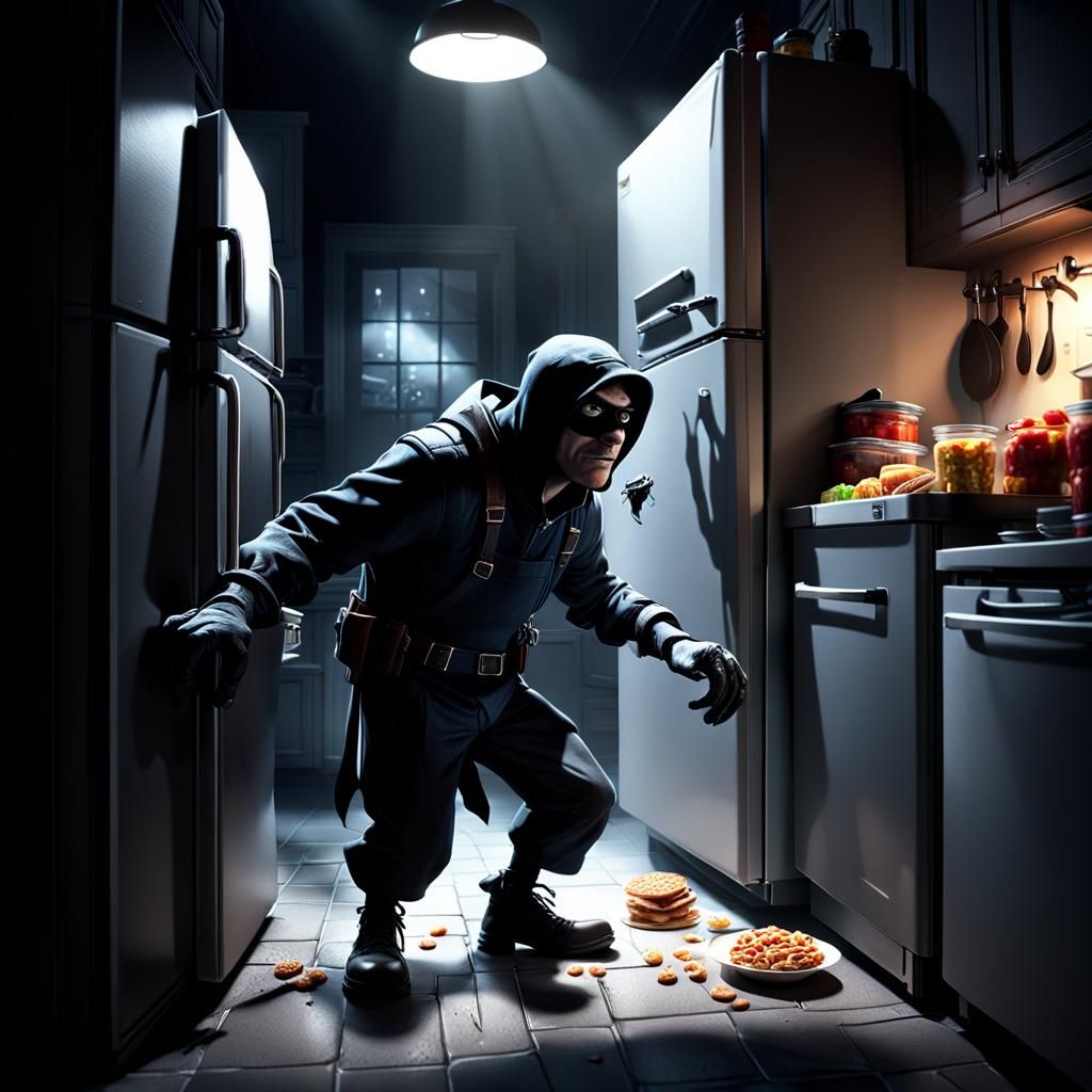 Burglar's Midnight Snack: Noir Scene in 3D