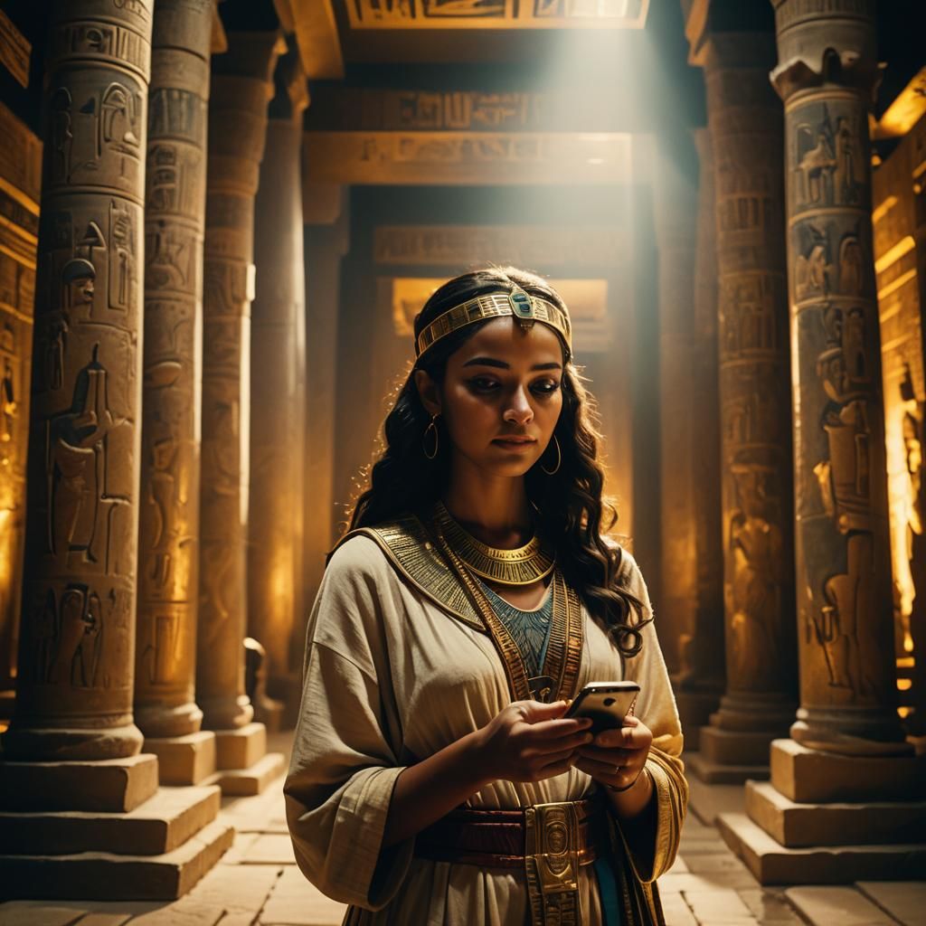 Ancient Egyptian Girl with Smartphone: Cinematic Film Still