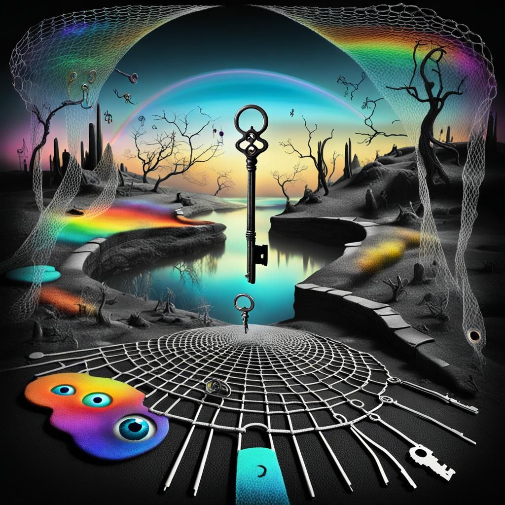 Surreal Dreamscape: Floating Keys in Childlike Art Style