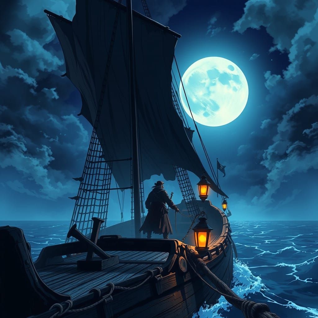 Eerie Pirate Captain Stands at the Helm of a Haunted Ship