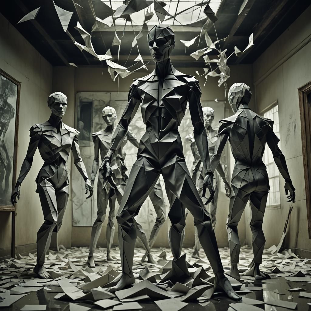 Surreal Origami Figures Envelop Mannequin in Dark Fantasy
