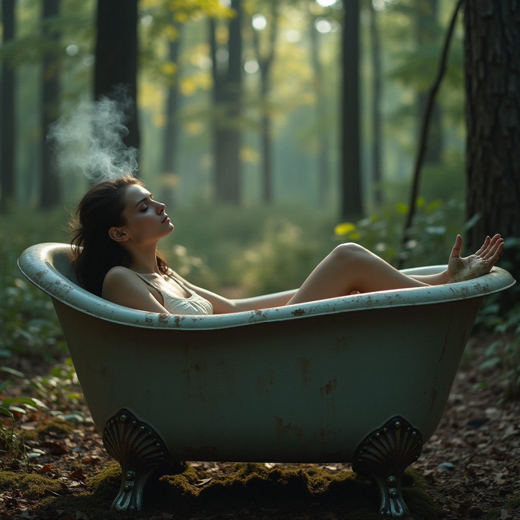 Sorrowful Forest Scene with Woman in Bathtub