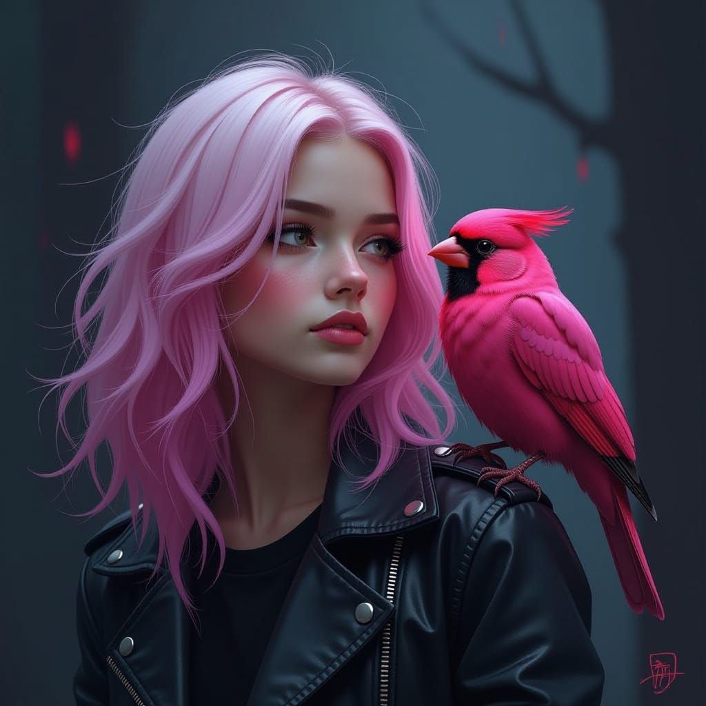 Pink Haired Girl with Bird, in Digital Art Style