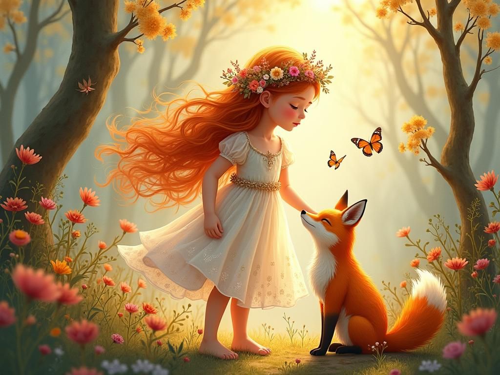 Ginger Haired Girl with Fox in Whimsical Forest