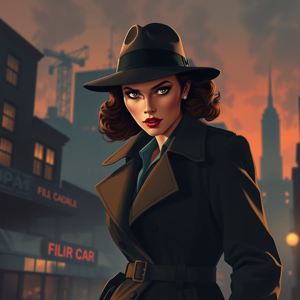 Girl Spy in Smokey Film Noir Cityscape
