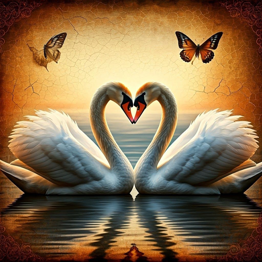 Swans Form Heart in Surreal Encaustic Painting