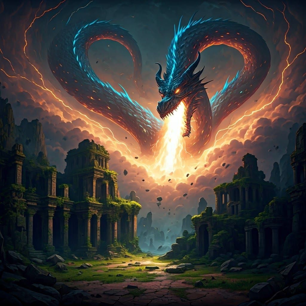 Nuclear Dragon Unleashes Radiant Fury on Ancient Landscape