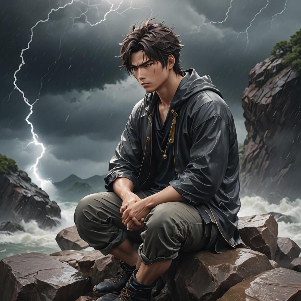 Meditating Man in Storm: Anime Style 3D Art