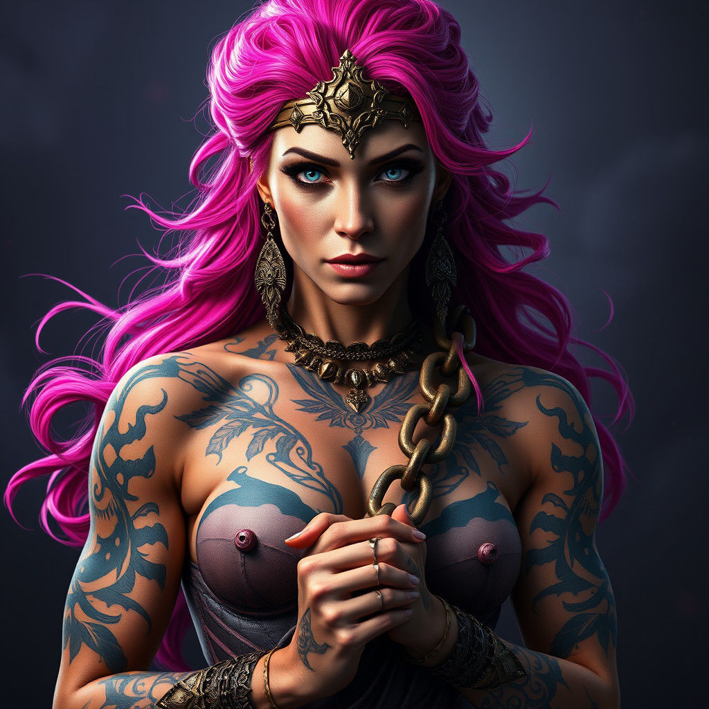 Regal Pink-Haired Woman with Chain, Dark Fantasy Style