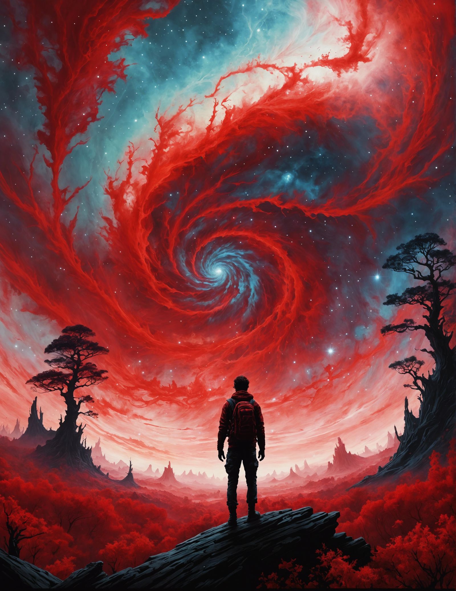 Tie Dye Nebula with Red Silhouette, Digital Illustration