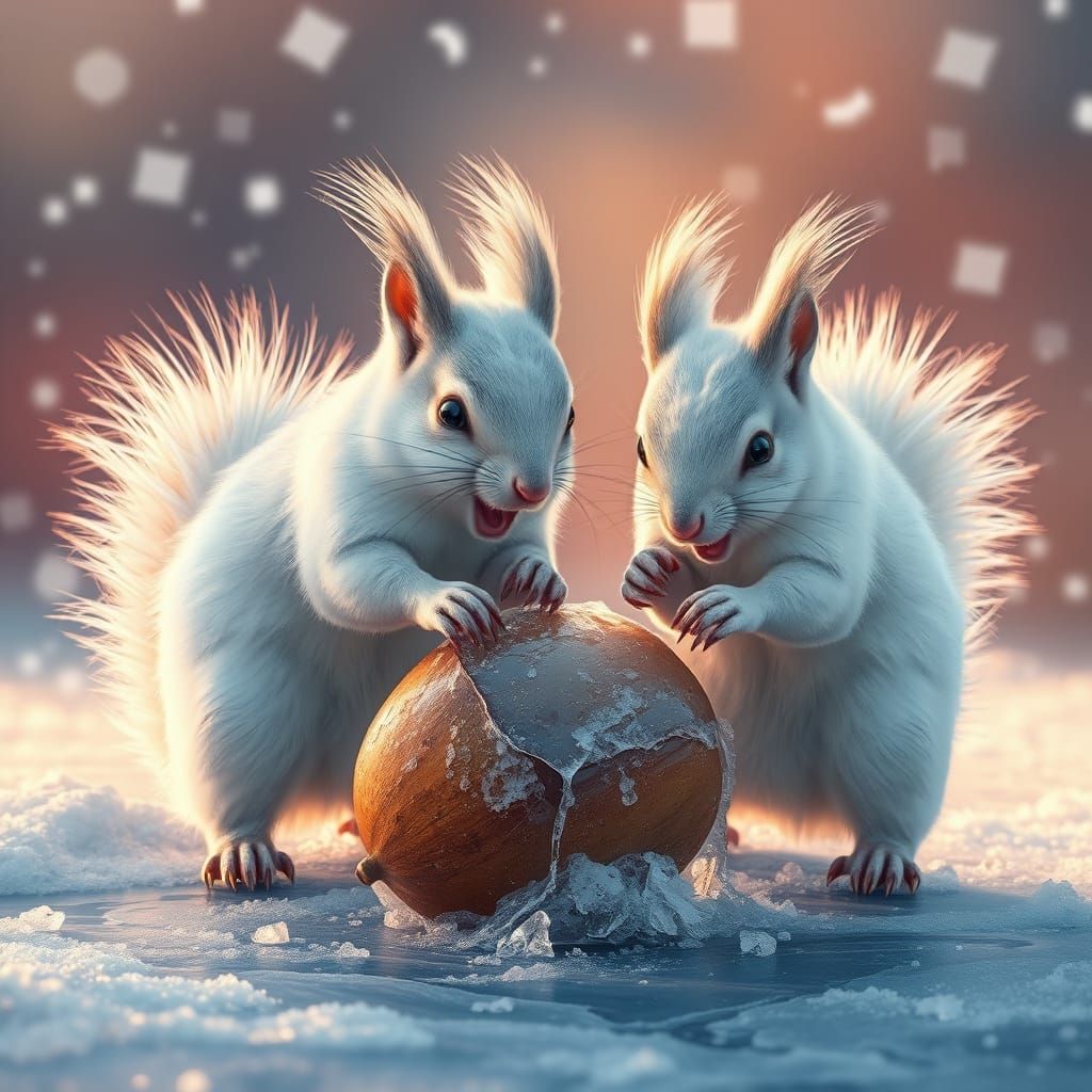 Winter Squirrels Struggle to Retrieve a Frozen Nut in a Blus...