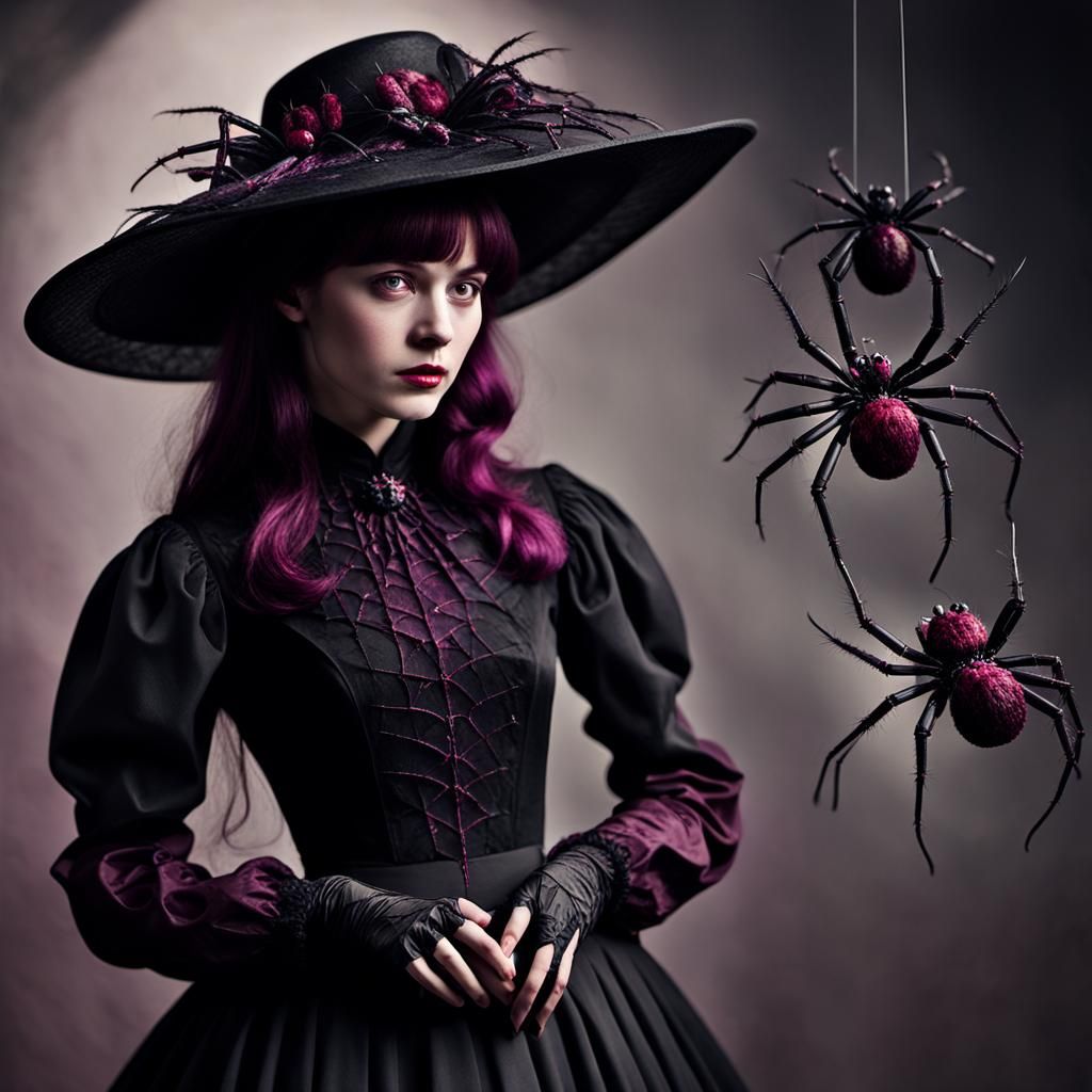 Gothic Woman in Spider Dress: Victorian-Inspired Elegance