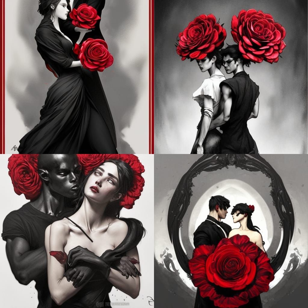 Monochrome Couple Share Rose, Hyperdetailed Portrait