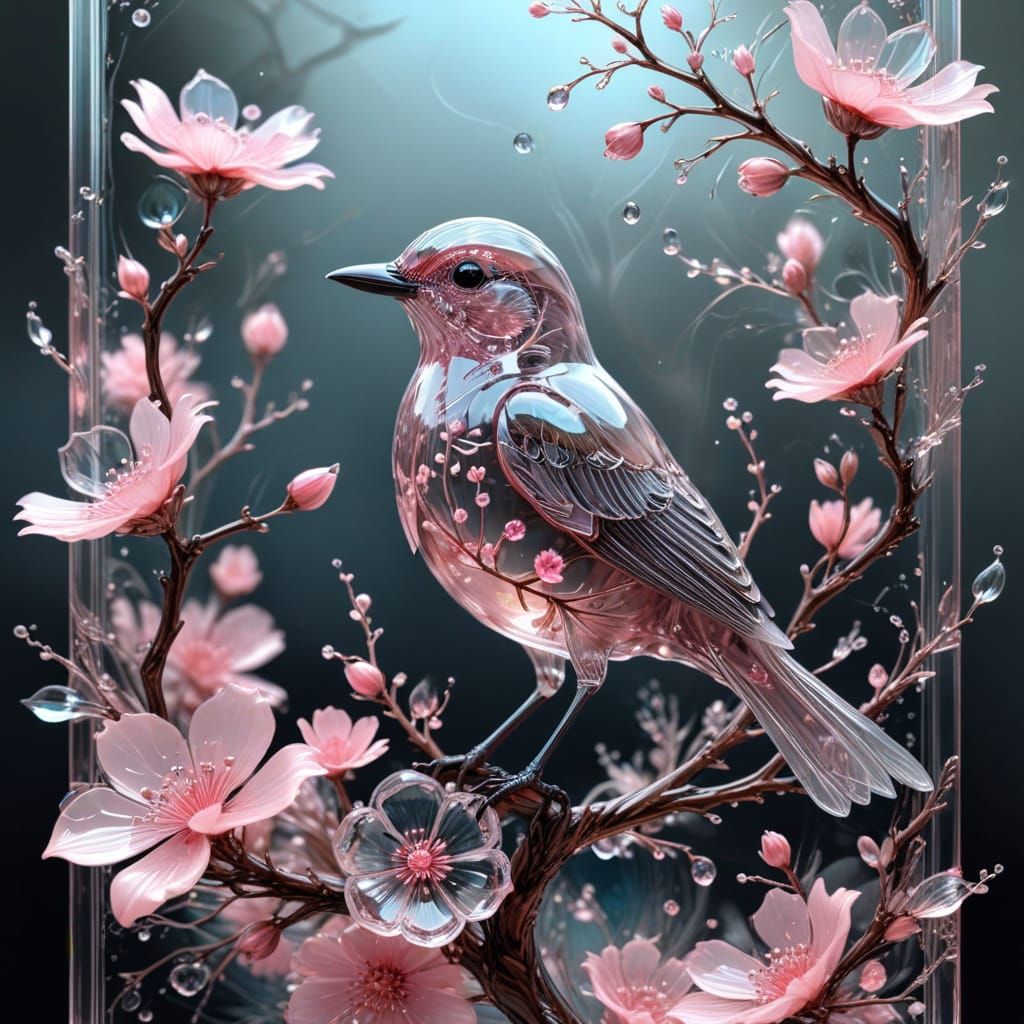 Transparent Glass Bird with Fractal Flowers