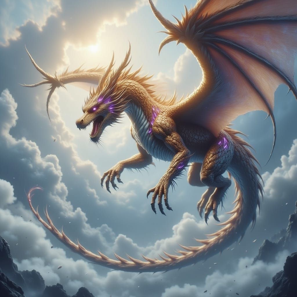Majestic Golden Dragon Soars Through Celestial Skies