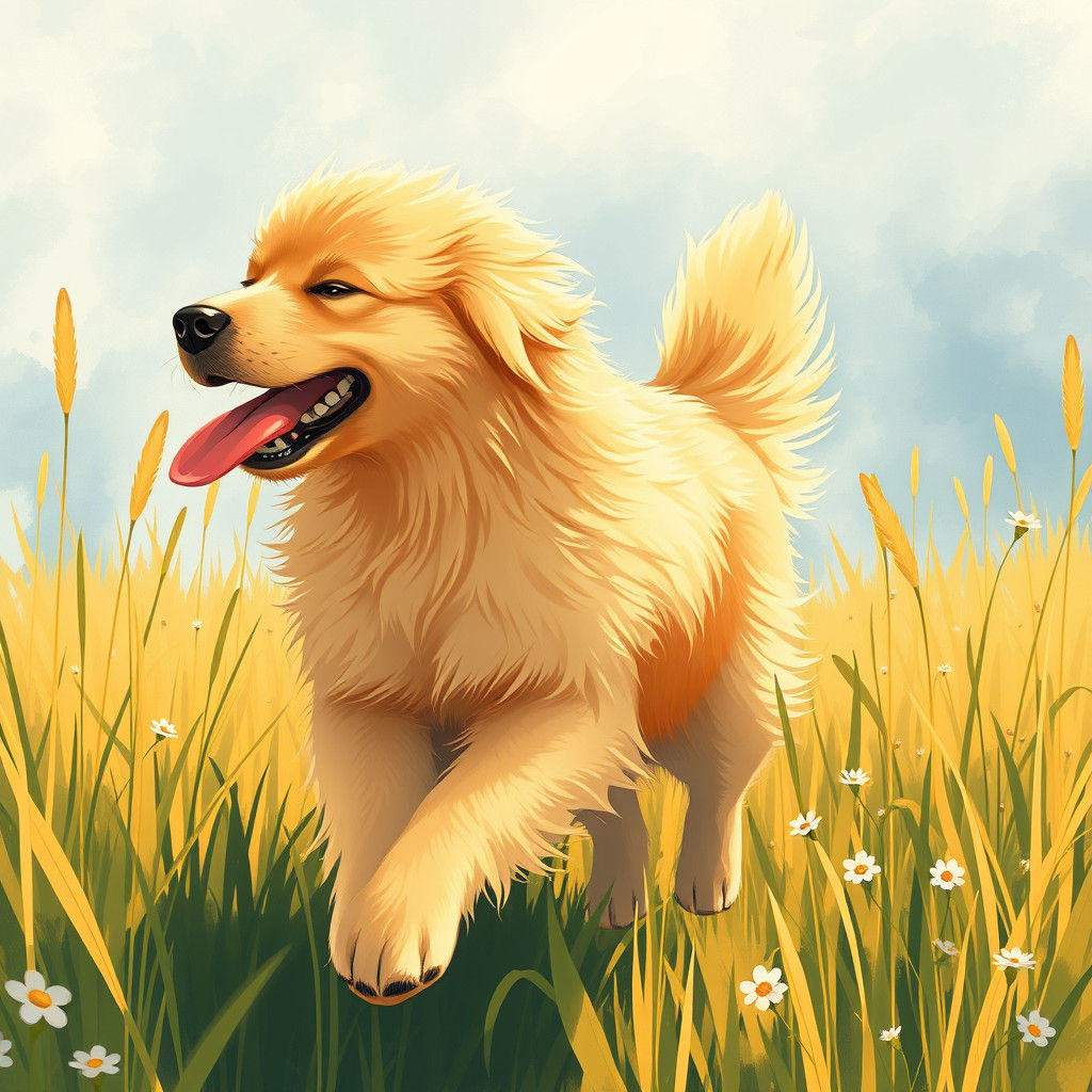Golden Retriever in Sunlit Field, Anime-Style