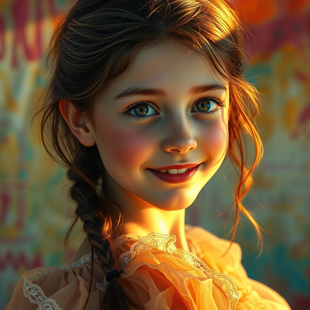 Girl in Golden Light, Soft Smile, and Flowing Dress