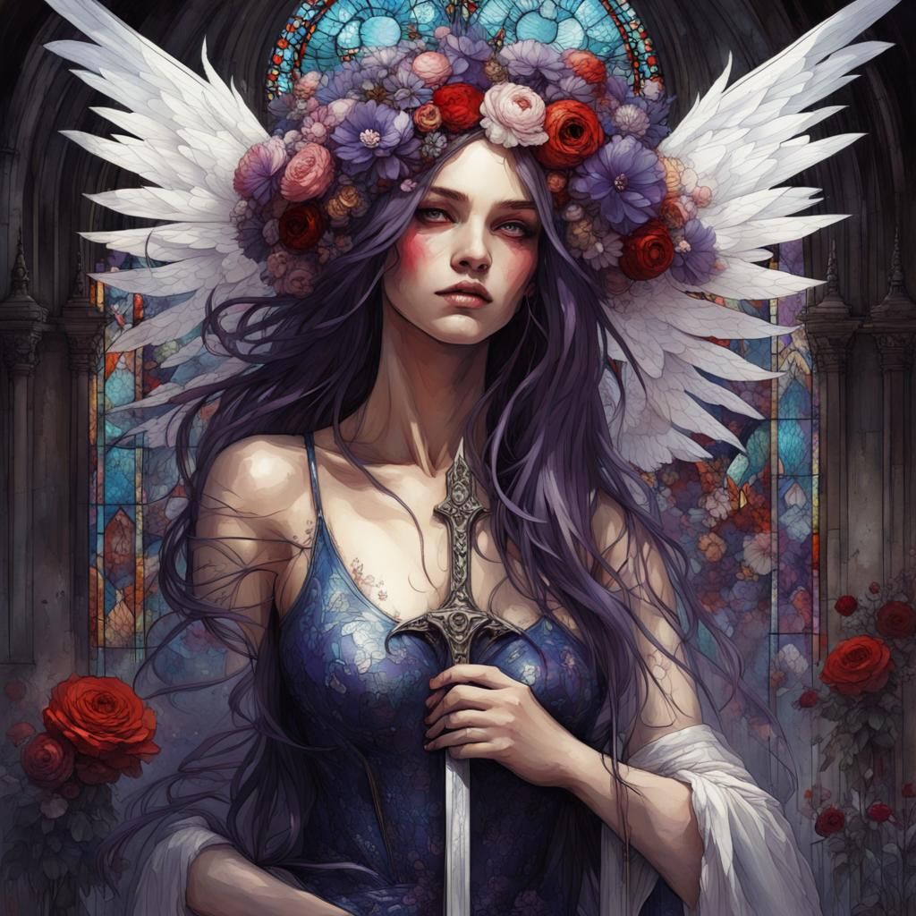 Gothic Faery Angel with Sword in Impasto Style