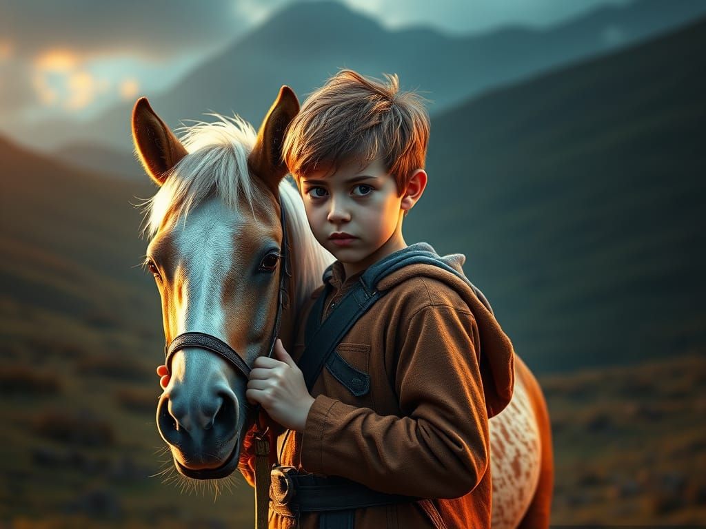 Epic Landscape of a Young Boy and Shetland Pony in Breathtak...