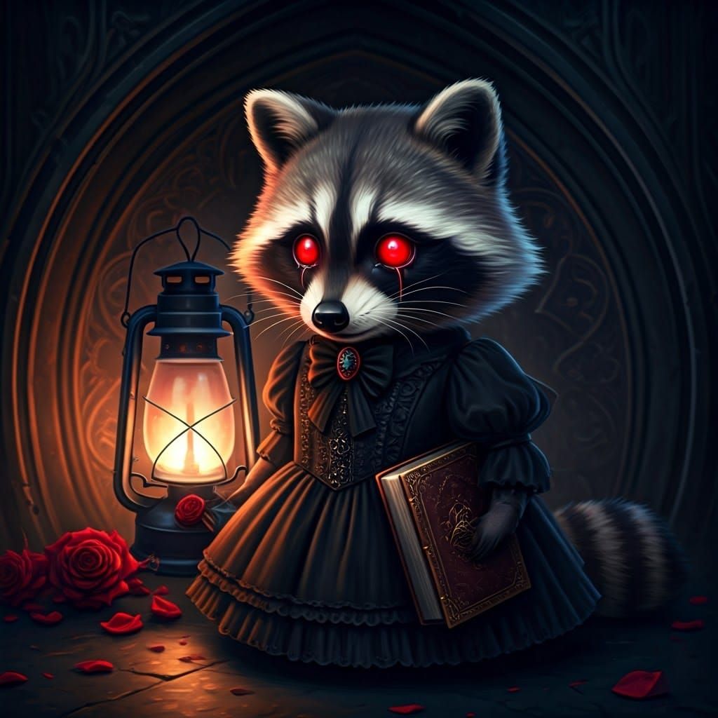 Chibi Raccoon in Gothic Dress with Red Eyes