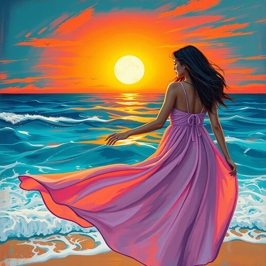 Ocean Sunset Graffiti Art of Woman in Summer Dress