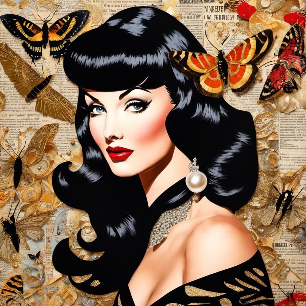 Retro Pinup Collage with Moths and Pearls