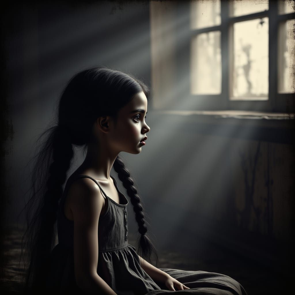 Ethereal Young Girl in Dimly Lit Room, Cinematic Lighting