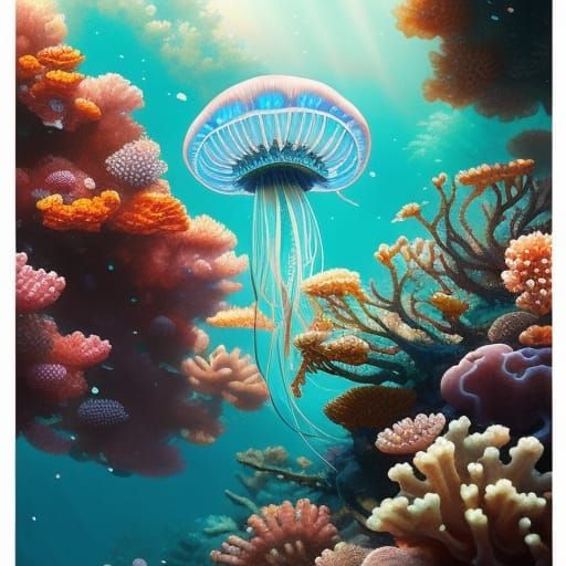 Cute Jellyfish in Coral Reef: Digital Matte Painting