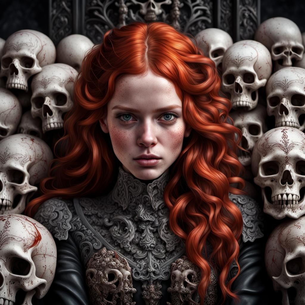 Redhead on Skull Throne: Hyperrealistic HDR Portrait