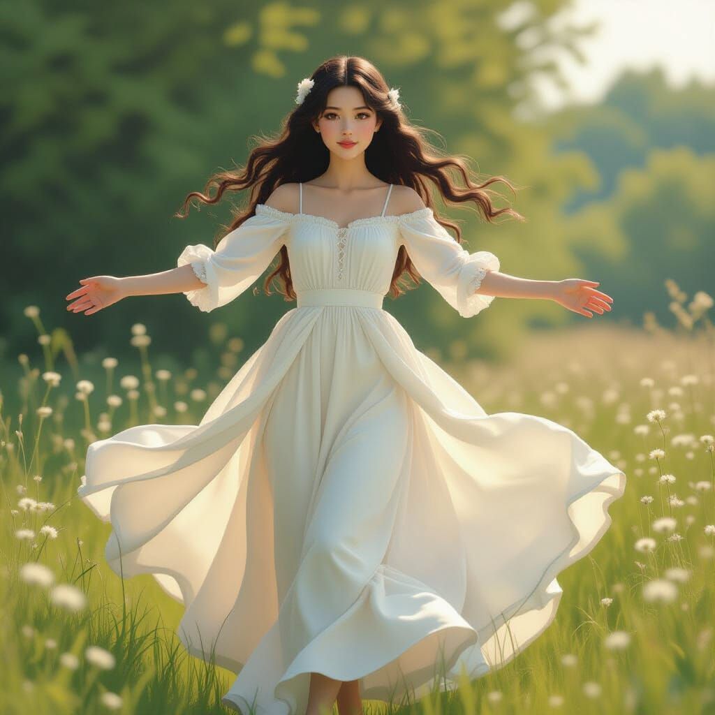 Girl in White Dress Beckoning, Pre-Raphaelite Style