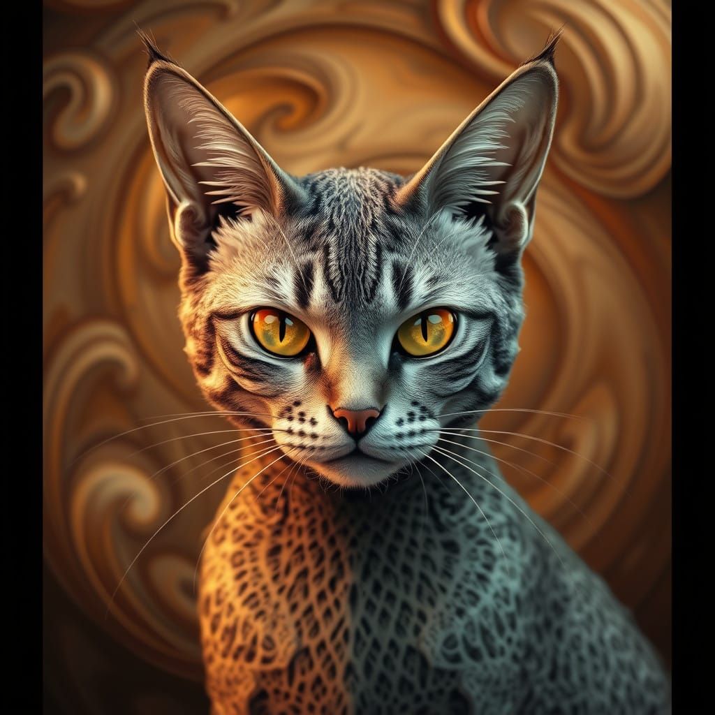 Biomechanical Cat in Escher-Inspired Surreal Landscape