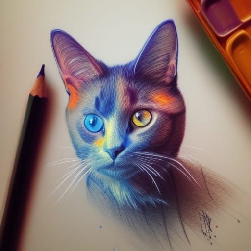 Detailed Crayon Cat Portrait in Digital Art Style