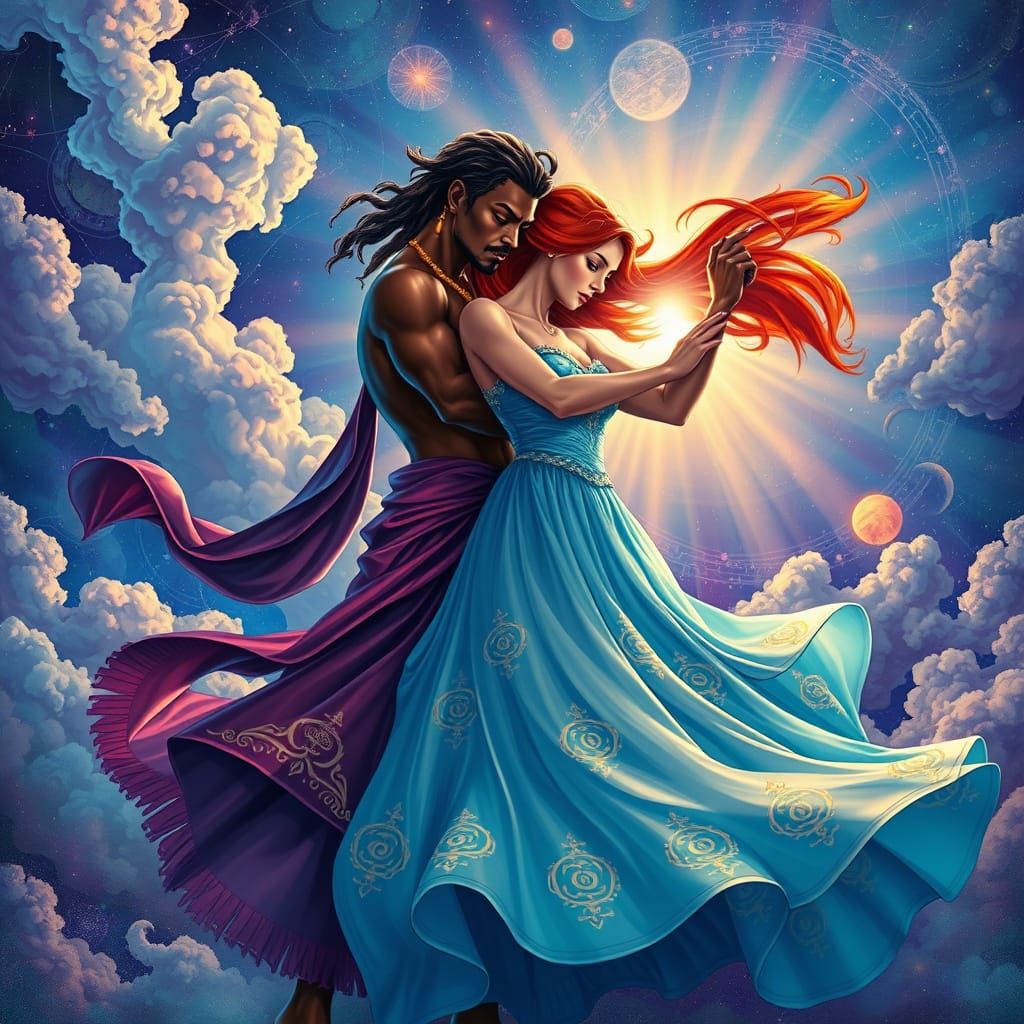 Cosmic Lovers Dance Amidst Vibrant Astral Clouds