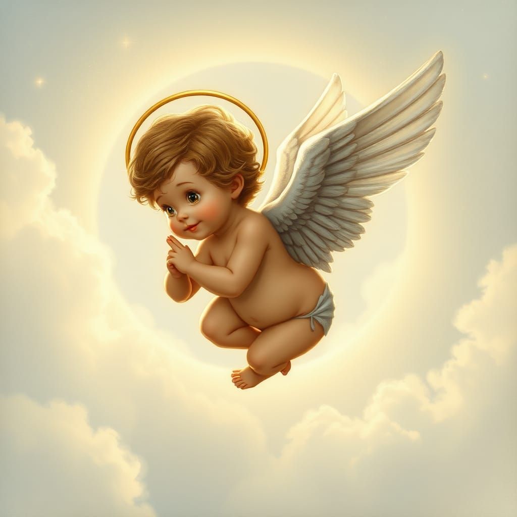 Adorable Cupid Flies with Magical Light, Realism Style