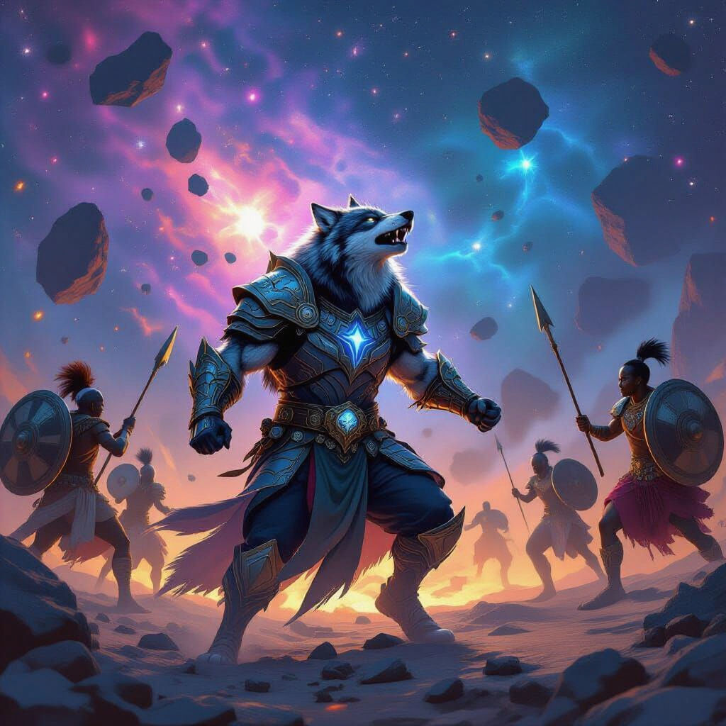 Cosmic Wolf Battles Zulu Warriors in Starry Armor