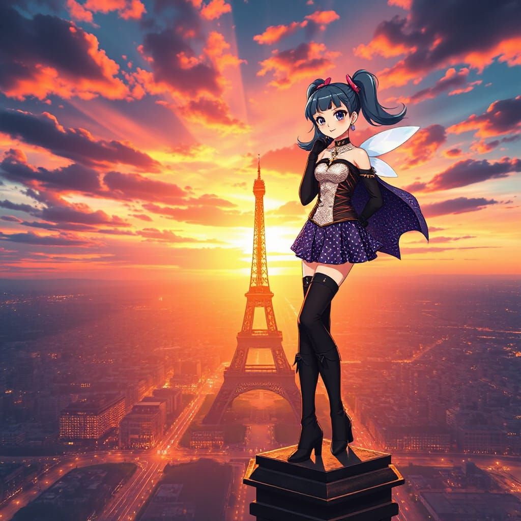 Magical Girl Over Paris in Anime Style
