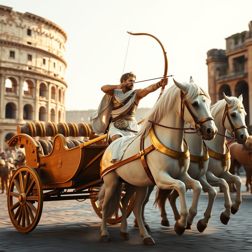 Ancient Roman Archer Rides Golden Chariot through Roman Stre...